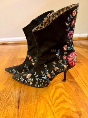 Beverly Feldman Suede Embroidered Ankle Booties, 8M